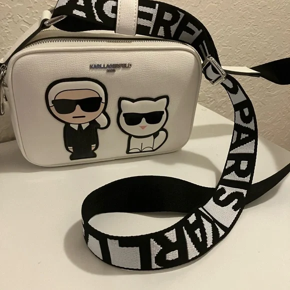 Karl Lagerfeld Paris White Camera Bag with Cat Graphic & Guitar Strap - Picture 2 of 9